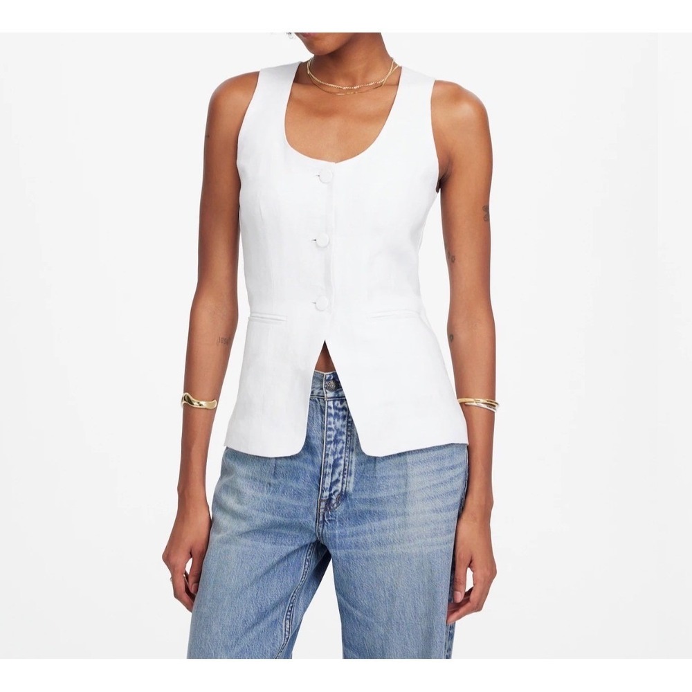 Madewell Scoopneck Cutaway White Linen Button Front Vest Top Size 10 NWT NV834